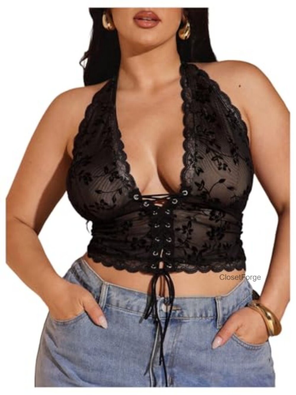 Plus Size Lace Mesh Halter Crop Top Sleeveless Backless Tie Up